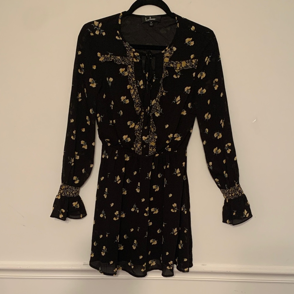 Y2K Sheer Black and Yellow Floral Long Sleeve Dress. Size S